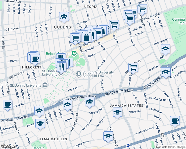 map of restaurants, bars, coffee shops, grocery stores, and more near 176-33 Kildare Road in Queens