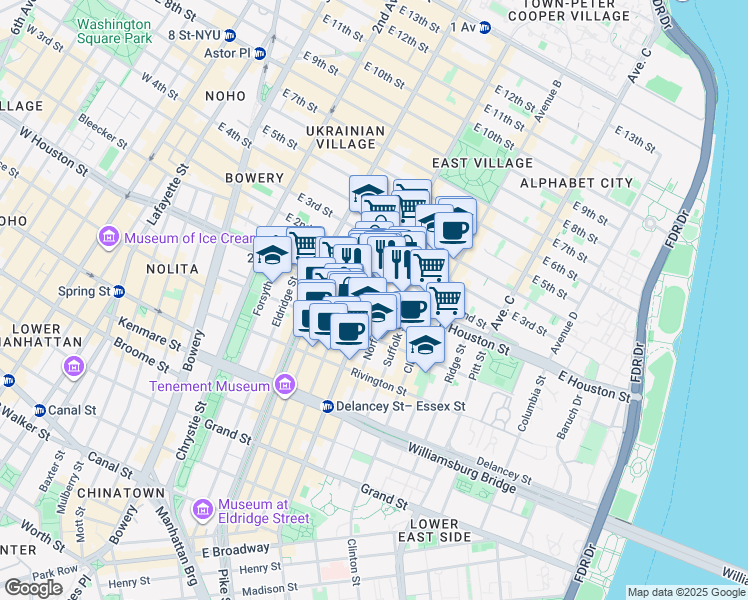 map of restaurants, bars, coffee shops, grocery stores, and more near 231 East Houston Street in New York