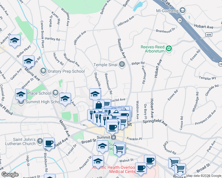 map of restaurants, bars, coffee shops, grocery stores, and more near 4800 Hawthorne Place in Summit