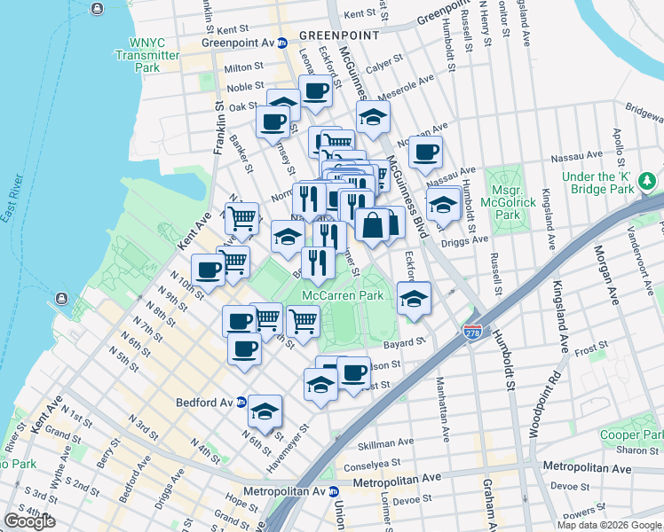 map of restaurants, bars, coffee shops, grocery stores, and more near 903 Lorimer Street in Brooklyn
