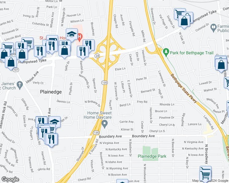 map of restaurants, bars, coffee shops, grocery stores, and more near 48 West Zoranne Drive in Farmingdale