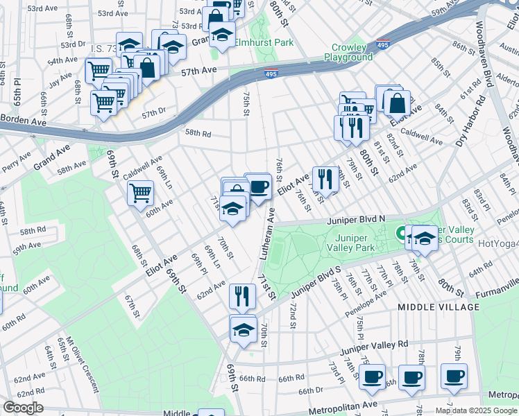 map of restaurants, bars, coffee shops, grocery stores, and more near 74-2 Eliot Avenue in Queens
