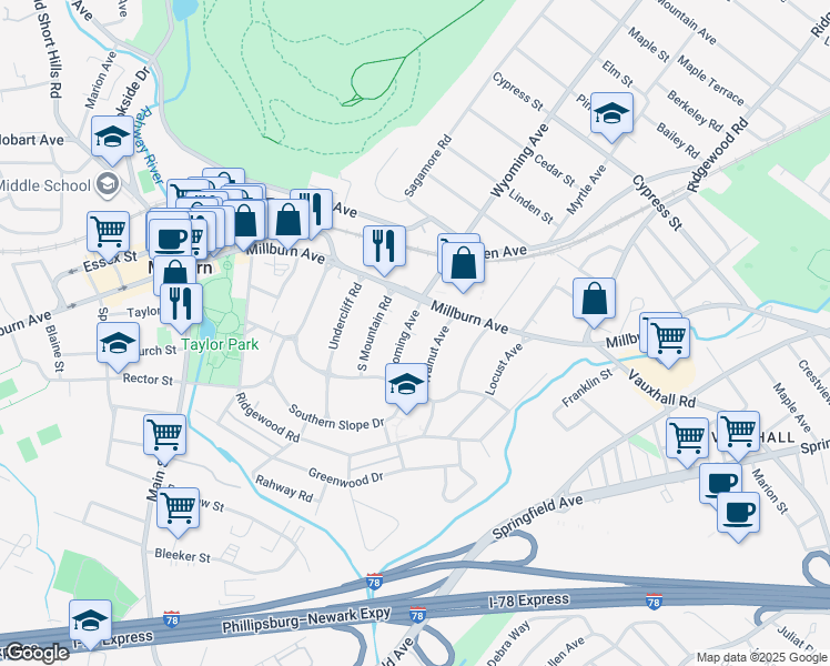 map of restaurants, bars, coffee shops, grocery stores, and more near 512 Wyoming Avenue in Essex County