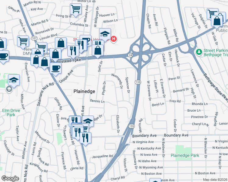 map of restaurants, bars, coffee shops, grocery stores, and more near 22 Elizabeth Drive in Bethpage