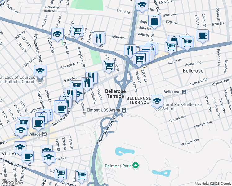 map of restaurants, bars, coffee shops, grocery stores, and more near 9447 240th Street in Floral Park