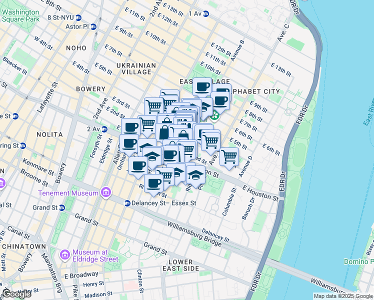 map of restaurants, bars, coffee shops, grocery stores, and more near 210 East 2nd Street in New York