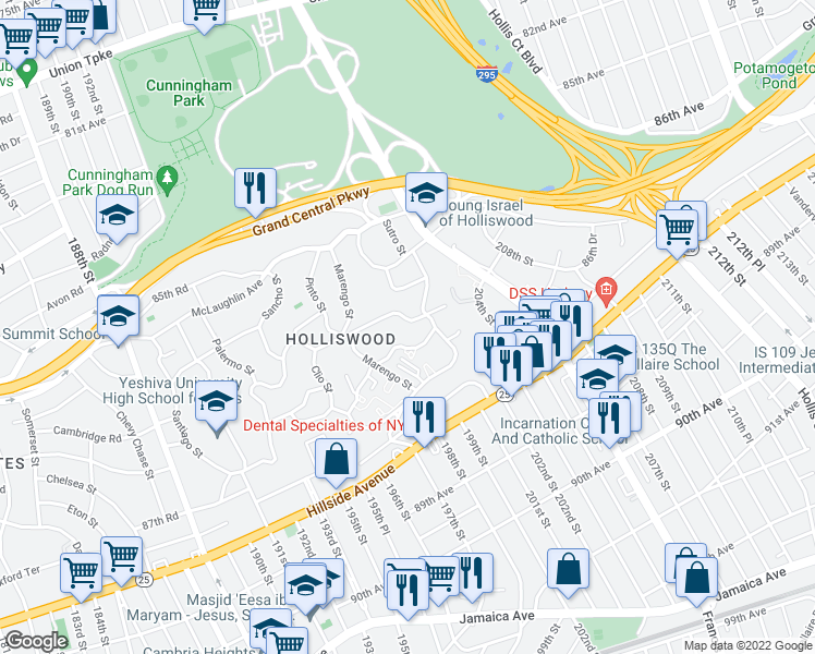 map of restaurants, bars, coffee shops, grocery stores, and more near 199-60 Keno Avenue in Queens