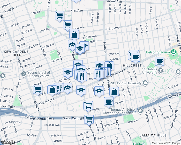 map of restaurants, bars, coffee shops, grocery stores, and more near 78-19 160th Street in Queens