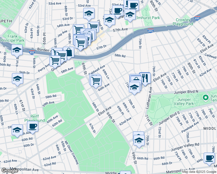 map of restaurants, bars, coffee shops, grocery stores, and more near 59-70 69th Place in Queens