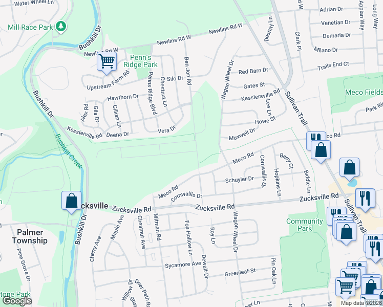 map of restaurants, bars, coffee shops, grocery stores, and more near 2249 Mitman Road in Easton