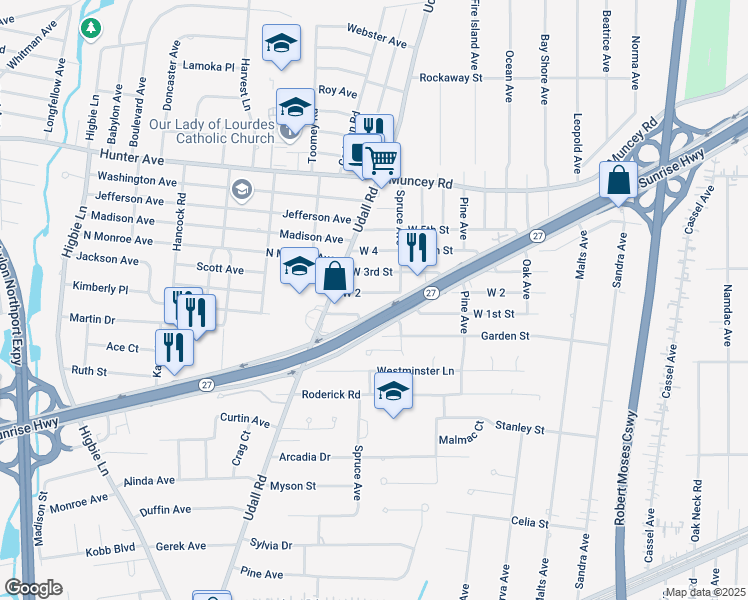 map of restaurants, bars, coffee shops, grocery stores, and more near 136 West 2nd Street in West Islip