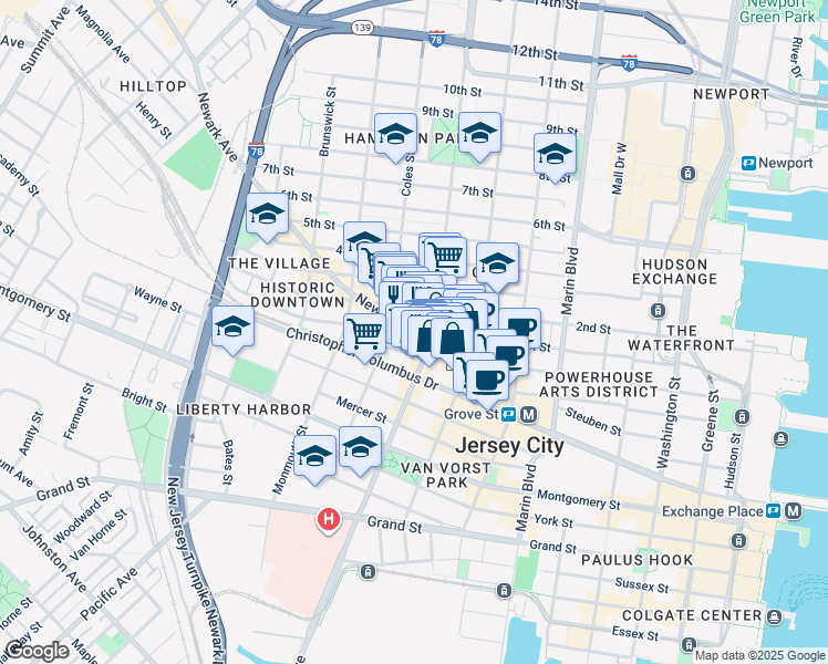 map of restaurants, bars, coffee shops, grocery stores, and more near 547 Jersey Avenue in Jersey City