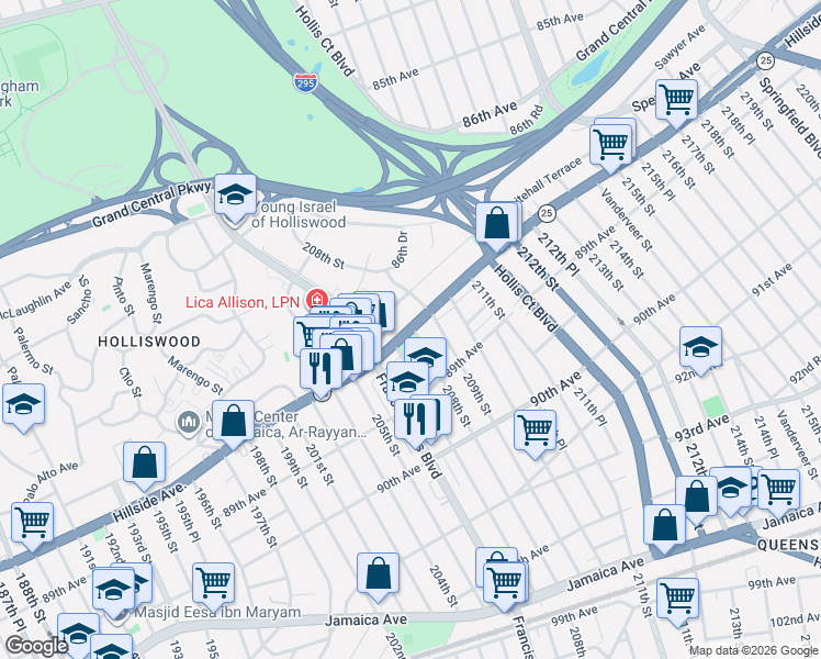 map of restaurants, bars, coffee shops, grocery stores, and more near 20721 New York 25 in Queens
