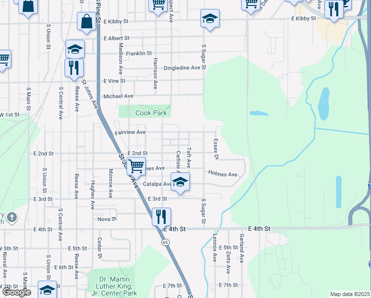 map of restaurants, bars, coffee shops, grocery stores, and more near 1007 East 2nd Street in Lima