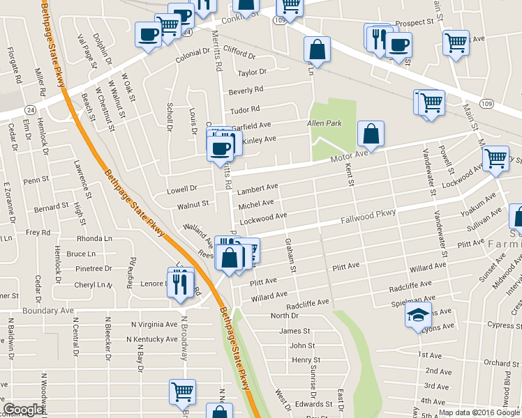 map of restaurants, bars, coffee shops, grocery stores, and more near 132 Michel Avenue in Farmingdale