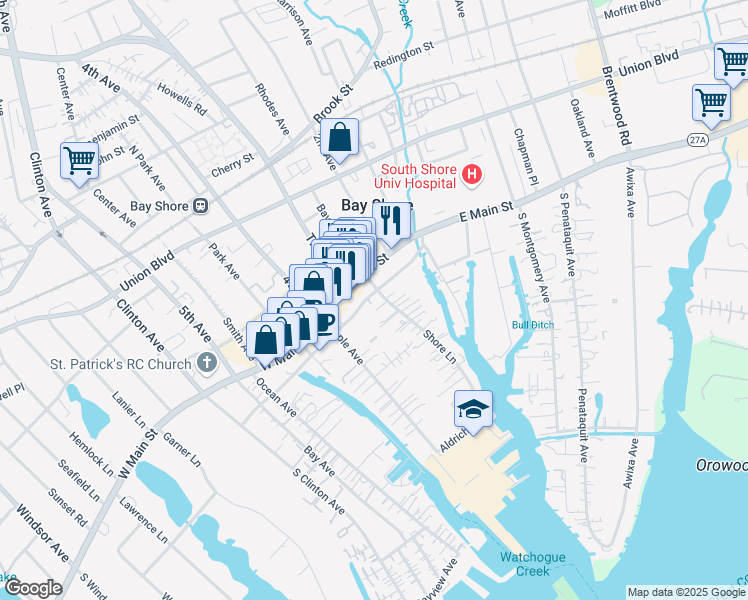 map of restaurants, bars, coffee shops, grocery stores, and more near 12 Shore Lane in Bay Shore