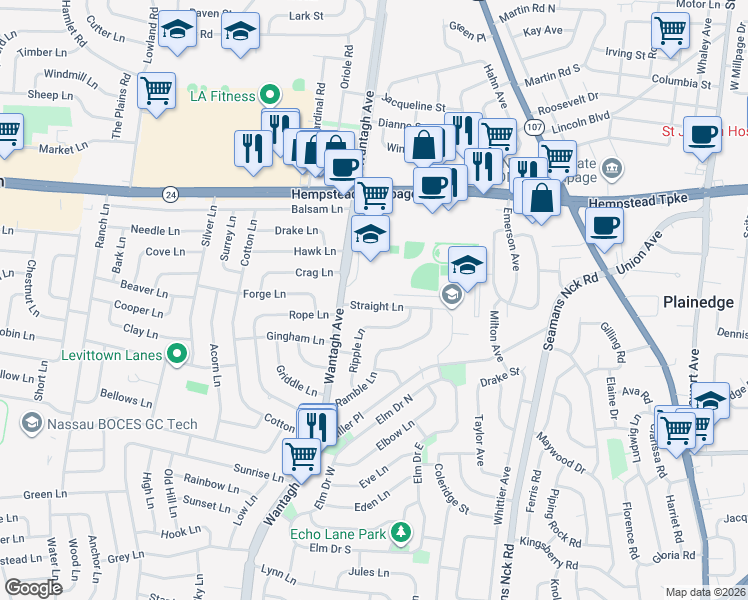 map of restaurants, bars, coffee shops, grocery stores, and more near 17 Straight Lane in Levittown