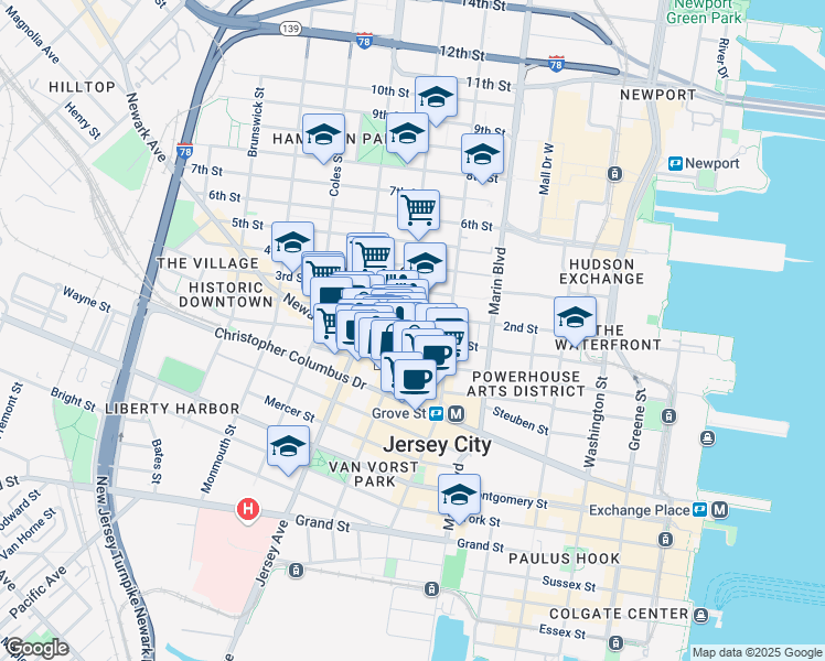 map of restaurants, bars, coffee shops, grocery stores, and more near 28 Erie Street in Jersey City