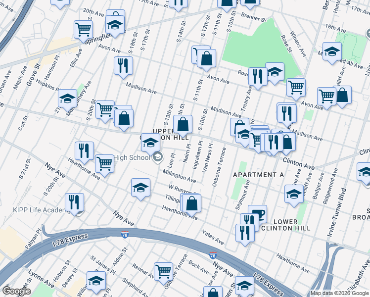 map of restaurants, bars, coffee shops, grocery stores, and more near 29 Nairn Place in Newark