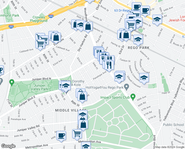 map of restaurants, bars, coffee shops, grocery stores, and more near 63-52 84th Street in Queens