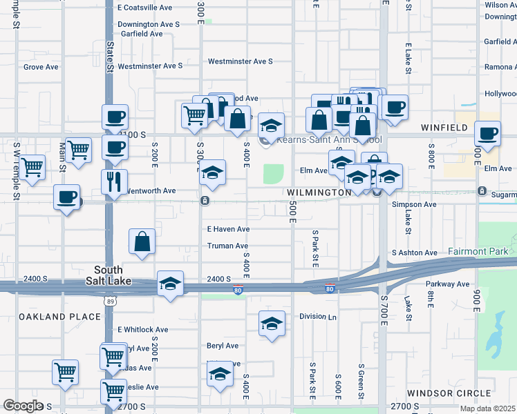 map of restaurants, bars, coffee shops, grocery stores, and more near 433 East Xavier Court in South Salt Lake