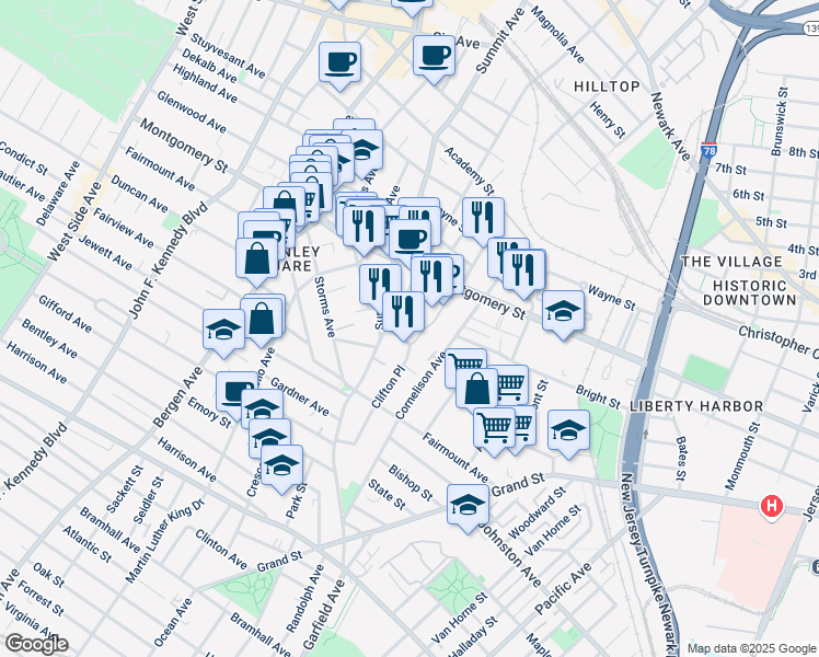 map of restaurants, bars, coffee shops, grocery stores, and more near 126 Beacon Way in Jersey City