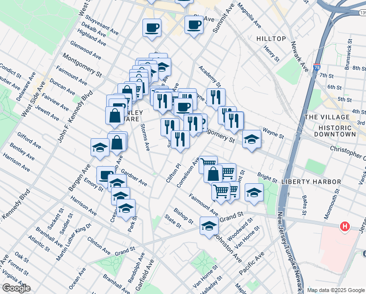 map of restaurants, bars, coffee shops, grocery stores, and more near 126 Clifton Place in Jersey City