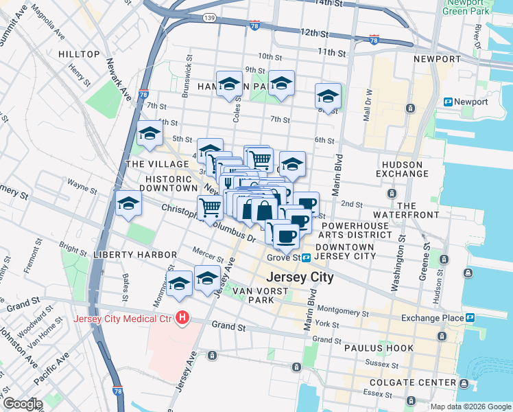 map of restaurants, bars, coffee shops, grocery stores, and more near 547 Jersey Avenue in Jersey City