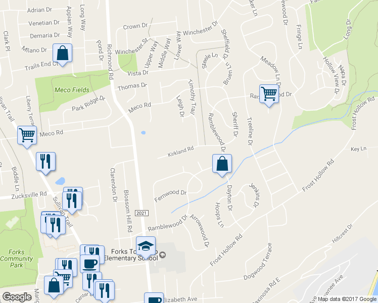 map of restaurants, bars, coffee shops, grocery stores, and more near 265 Kirkland Road in Easton