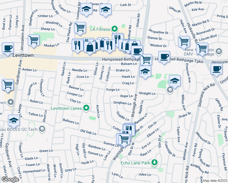 map of restaurants, bars, coffee shops, grocery stores, and more near 42 Forge Lane in Levittown