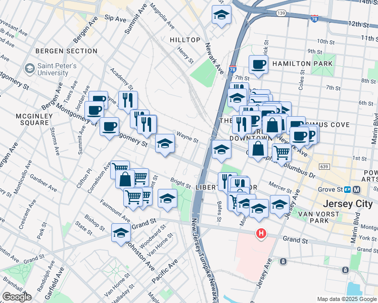 map of restaurants, bars, coffee shops, grocery stores, and more near 9 Chopin Court in Jersey City