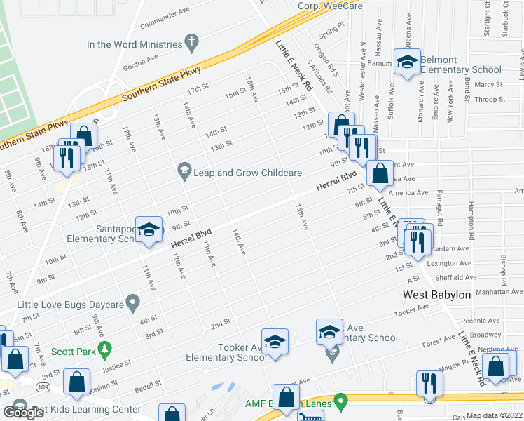 map of restaurants, bars, coffee shops, grocery stores, and more near 1447 Herzel Boulevard in West Babylon