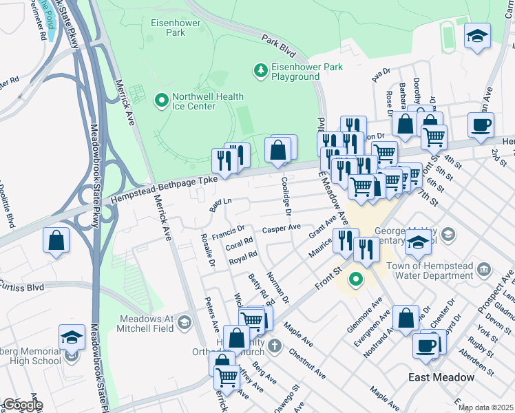 map of restaurants, bars, coffee shops, grocery stores, and more near 1772 Gerald Avenue in East Meadow