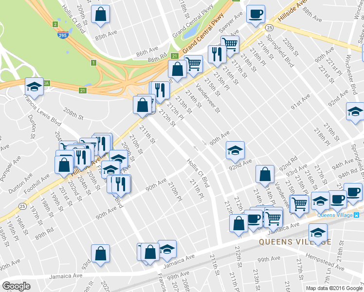 map of restaurants, bars, coffee shops, grocery stores, and more near 89-51 Hollis Court Boulevard in Queens