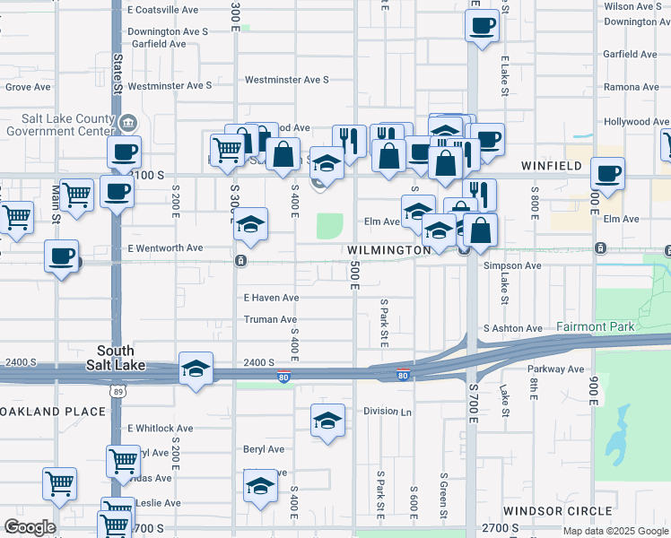 map of restaurants, bars, coffee shops, grocery stores, and more near 2269 South 460 East in South Salt Lake