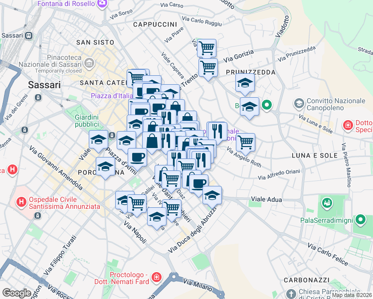 map of restaurants, bars, coffee shops, grocery stores, and more near 6 Via Alghero in Sassari