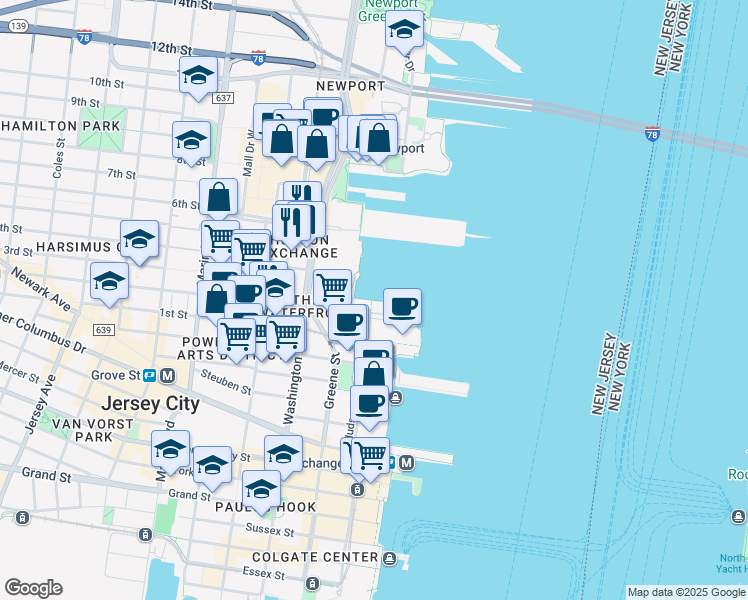 map of restaurants, bars, coffee shops, grocery stores, and more near 20 2nd Street in Jersey City
