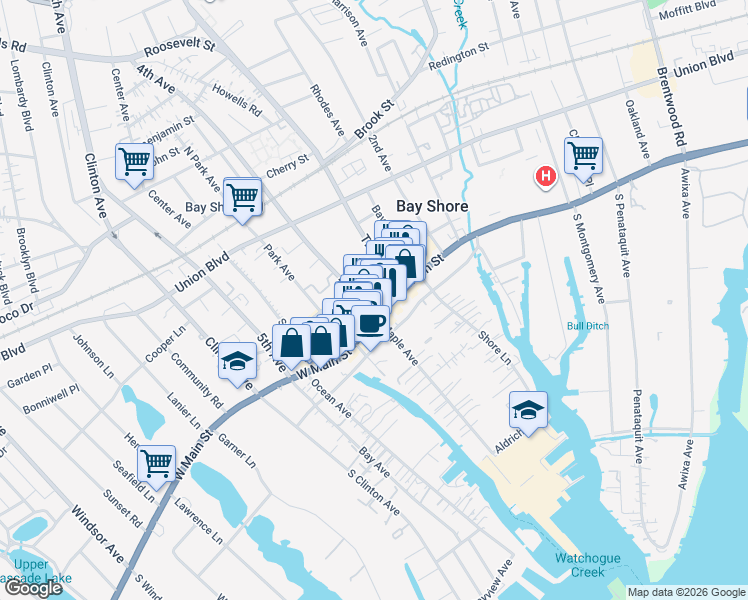 map of restaurants, bars, coffee shops, grocery stores, and more near 19 East Main Street in Bay Shore