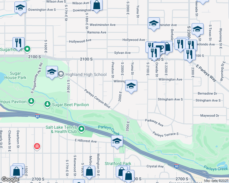 map of restaurants, bars, coffee shops, grocery stores, and more near 2245 Preston Street in Salt Lake City