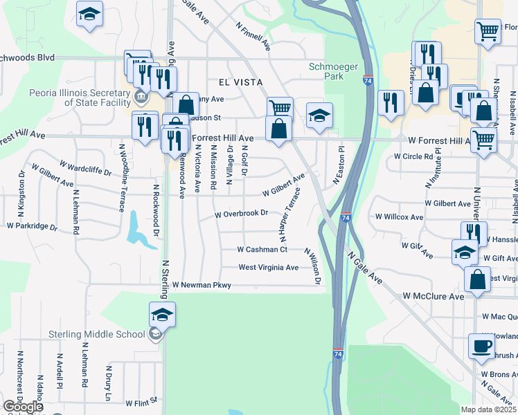 map of restaurants, bars, coffee shops, grocery stores, and more near 2109 West Overbrook Drive in Peoria
