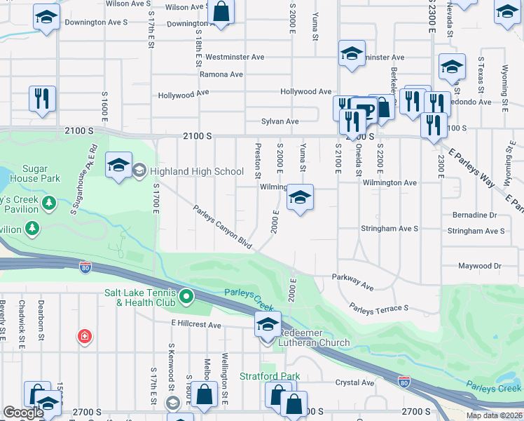 map of restaurants, bars, coffee shops, grocery stores, and more near 2245 Preston Street in Salt Lake City