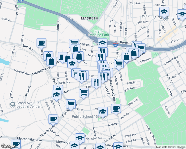 map of restaurants, bars, coffee shops, grocery stores, and more near 59-49 57th Drive in Queens