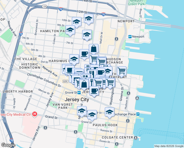 map of restaurants, bars, coffee shops, grocery stores, and more near 159 2nd Street in Jersey City