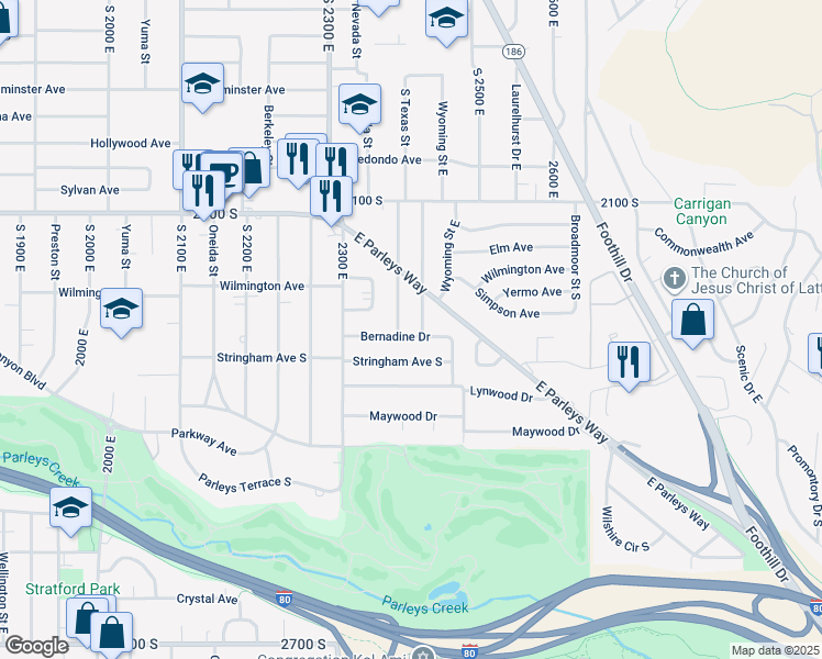 map of restaurants, bars, coffee shops, grocery stores, and more near 2389 Bernadine Drive in Salt Lake City