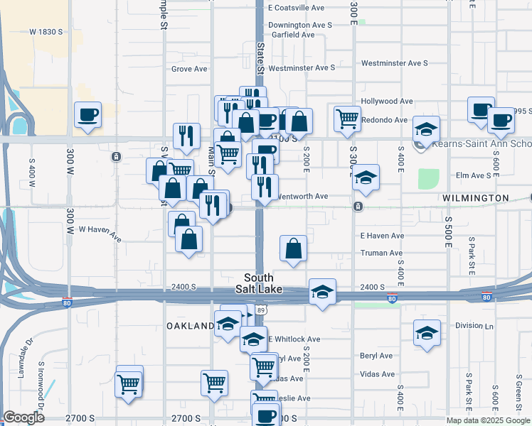map of restaurants, bars, coffee shops, grocery stores, and more near 2245 South State Street in Salt Lake City