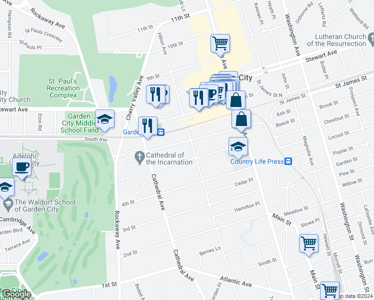 map of restaurants, bars, coffee shops, grocery stores, and more near 44 Hilton Avenue in Garden City