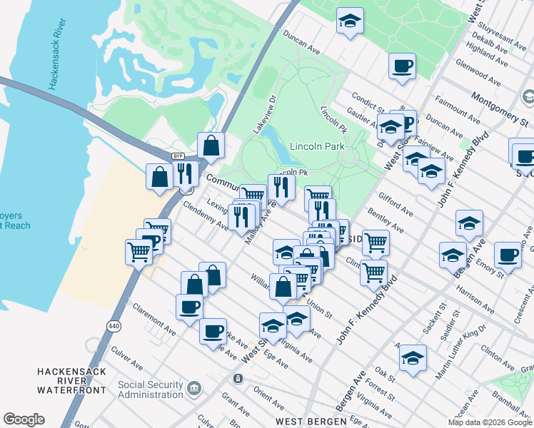 map of restaurants, bars, coffee shops, grocery stores, and more near 223 Mallory Avenue in Jersey City
