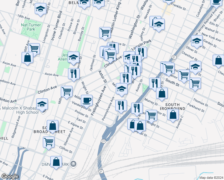 map of restaurants, bars, coffee shops, grocery stores, and more near 67 Astor Street in Newark