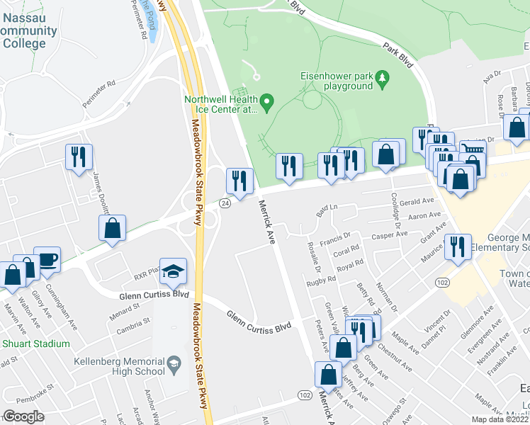 map of restaurants, bars, coffee shops, grocery stores, and more near 39 Merrick Avenue in East Meadow
