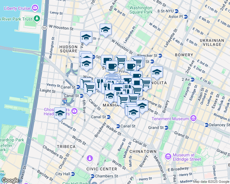 map of restaurants, bars, coffee shops, grocery stores, and more near 453 Broome Street in New York